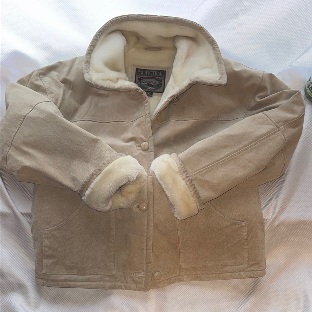 Pacific Trail Women's Suede Beige Teddy Jacket with Cream Fleece - Large